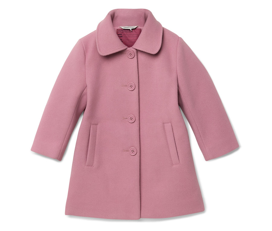 Rózsaszín kabát gallérral, gombos zárással és zsebekkel.