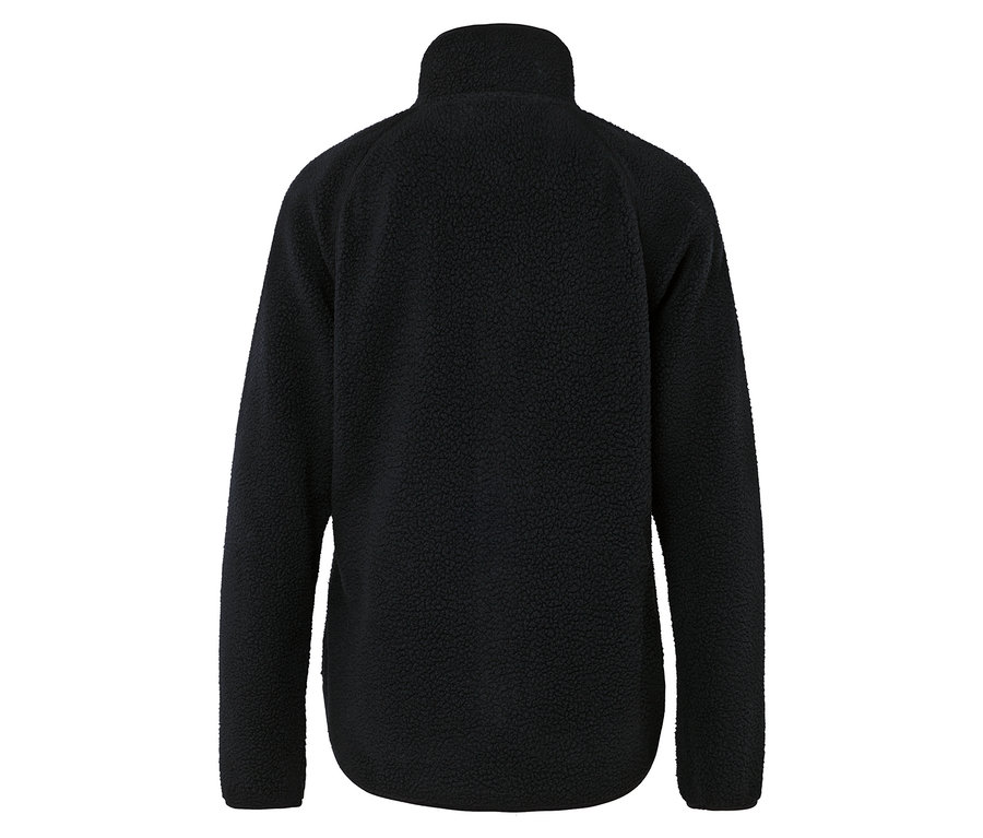 Hátulnézet egy fekete, hosszú ujjú polár pulóverről.