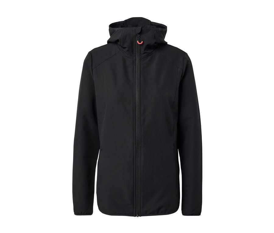 Fekete, cipzáras softshell dzseki kapucnival.