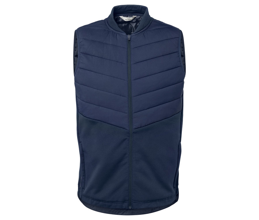 Egy sötétkék termomellény látható fehér háttér előtt.