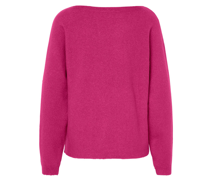 Hátulnézet egy rózsaszín, hosszú ujjú pulóverről.