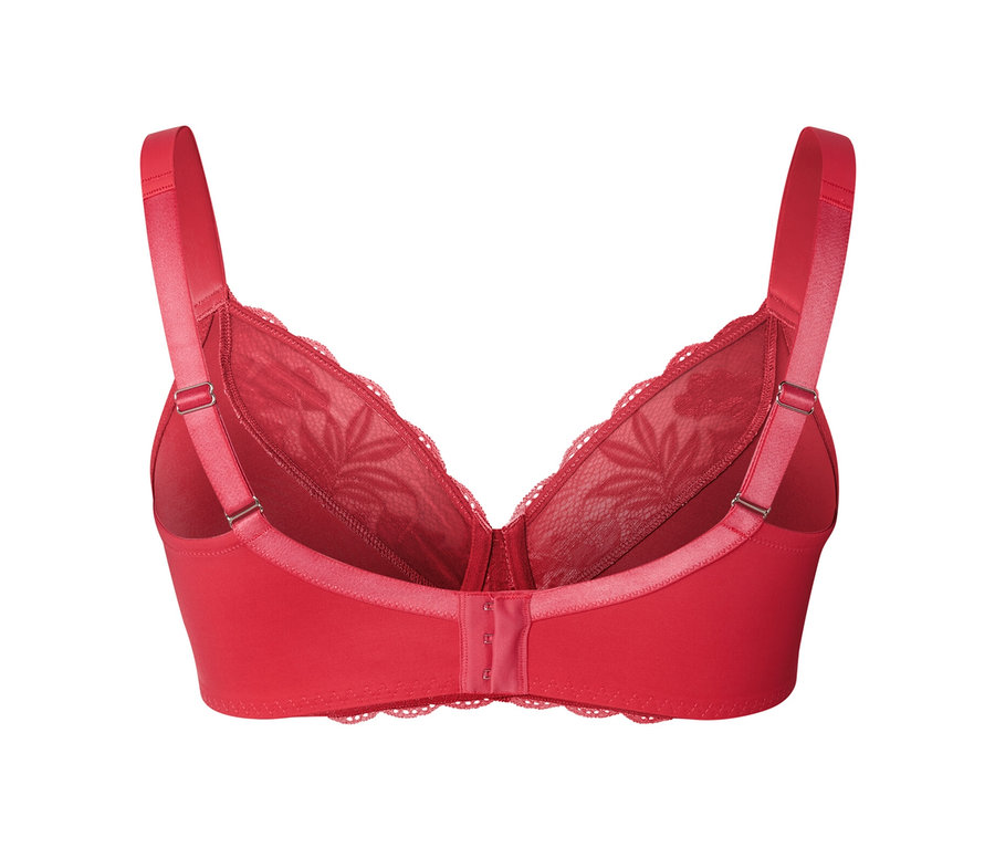 Egy korall színű, csipkés, kicsinyítő női melltartó hátulnézete.