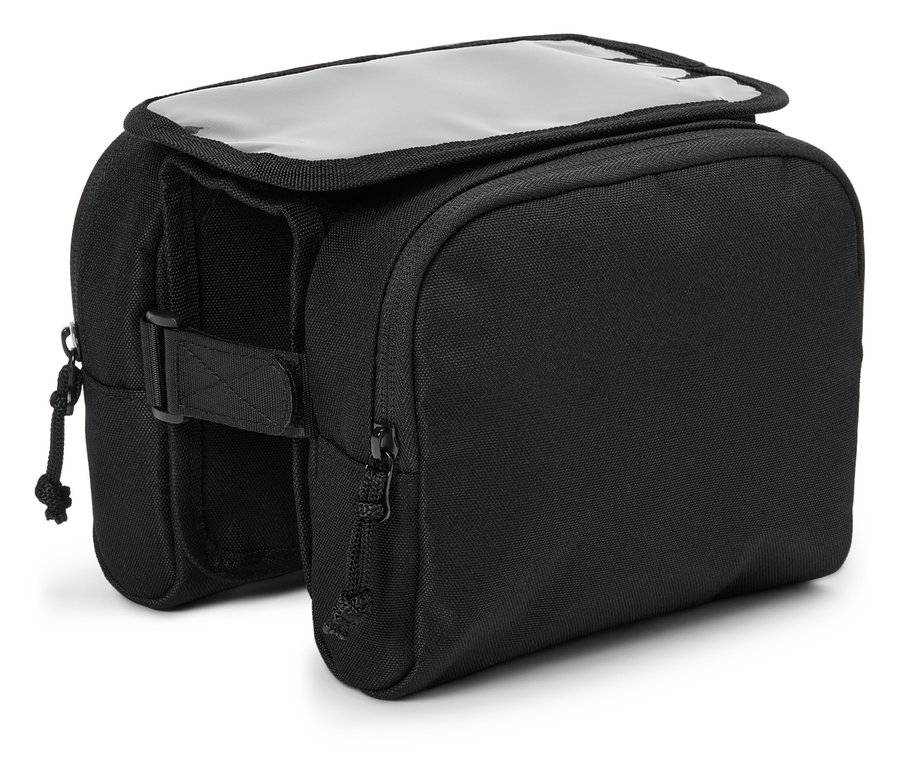 Egy fekete kerékpár kormánytáska átlátszó fedéllel.