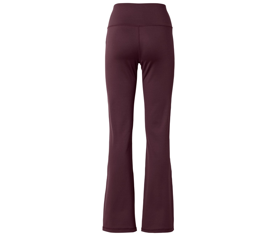 Sötétbordó, magas derekú, trapézszárú leggings hátulról fényképezve.
