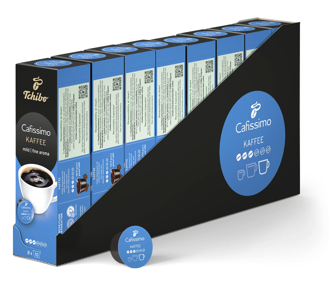 Sorban álló Cafissimo Kaffee mild csomagok. Elöl egy kapszula.