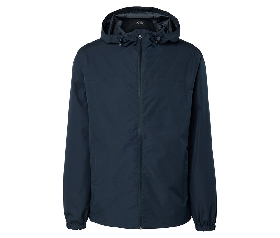 Egy tengerészkék, kapucnis kabát látható fehér háttér előtt.