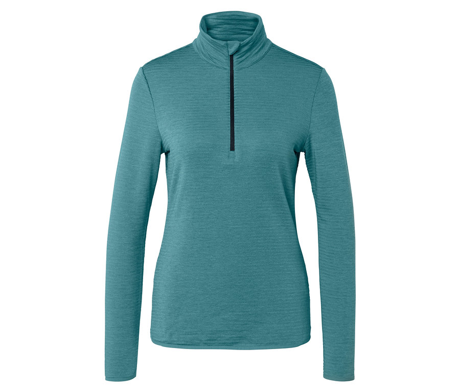 Kékeszöld, hosszú ujjú felső rövid, fekete cipzárral a nyakánál.