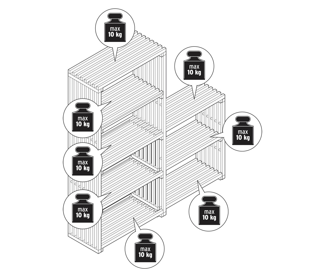 Rajz egy kihúzható "FLEKSIBEL" polcról súlyjelölésekkel.