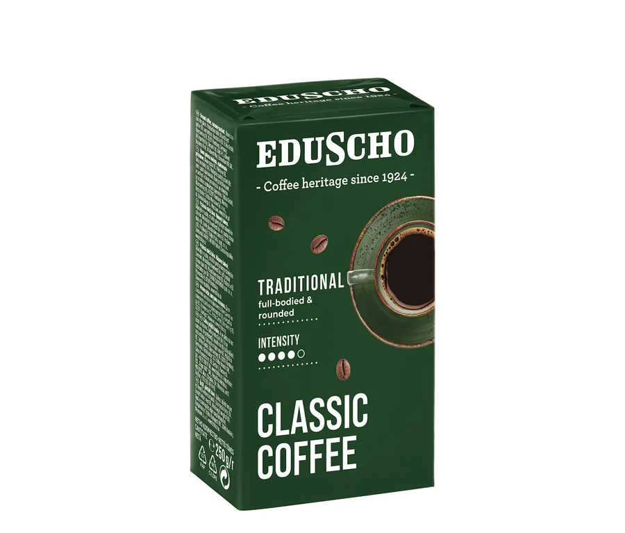 Eduscho Classic Coffee Traditional - 250g őrölt, pörkölt kávé csomagolása. A csomagolás sötétzöld és egy csésze kávé látható rajta.