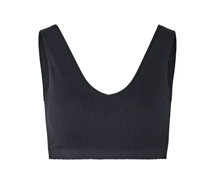 Fekete, bordázott bralette V-nyakkivágással és széles pántokkal.