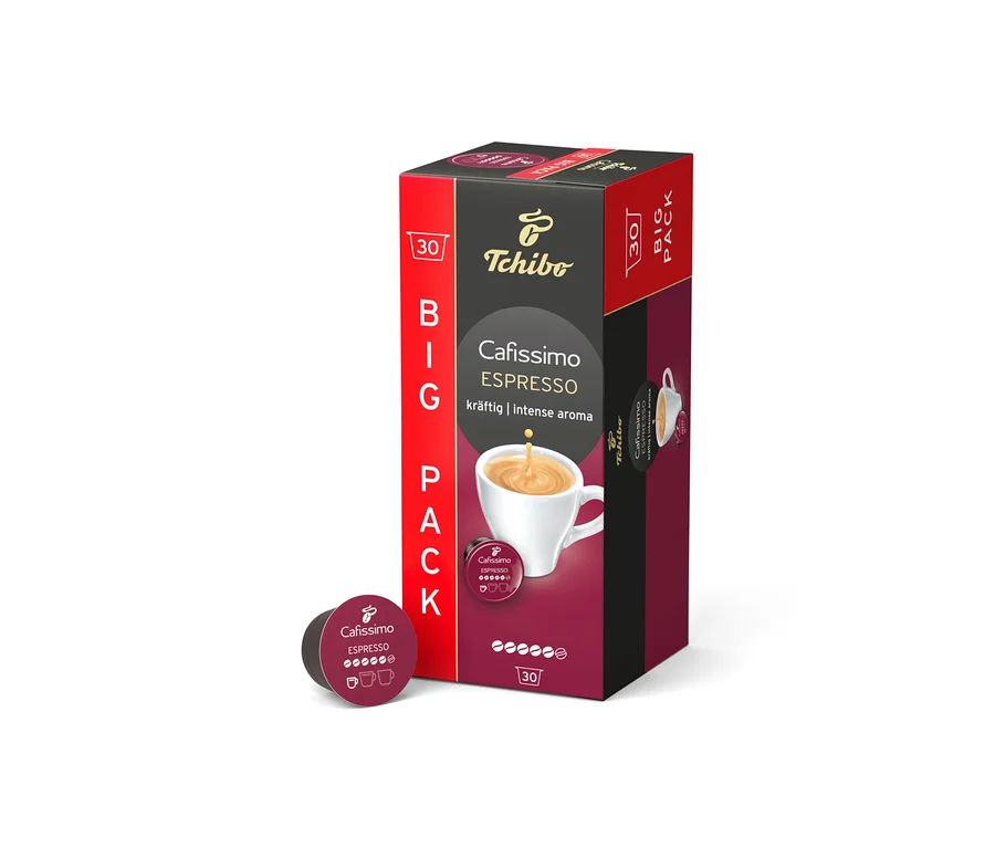 Egy piros, fekete és sötétlila doboz 30 Tchibo Cafissimo Espresso kapszulával, "kräftig | intense aroma" felirattal, áll egyenesen, előtte egy sötétlila kapszulával.