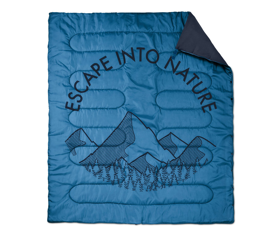 Kék 4 az 1-ben hálózsák hegy motívummal és "Escape into nature" felirattal.