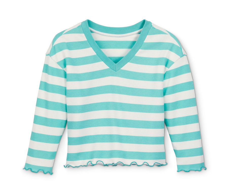 Csíkos, hosszú ujjú, V-nyakú lány szabadidőfelső, türkiz.