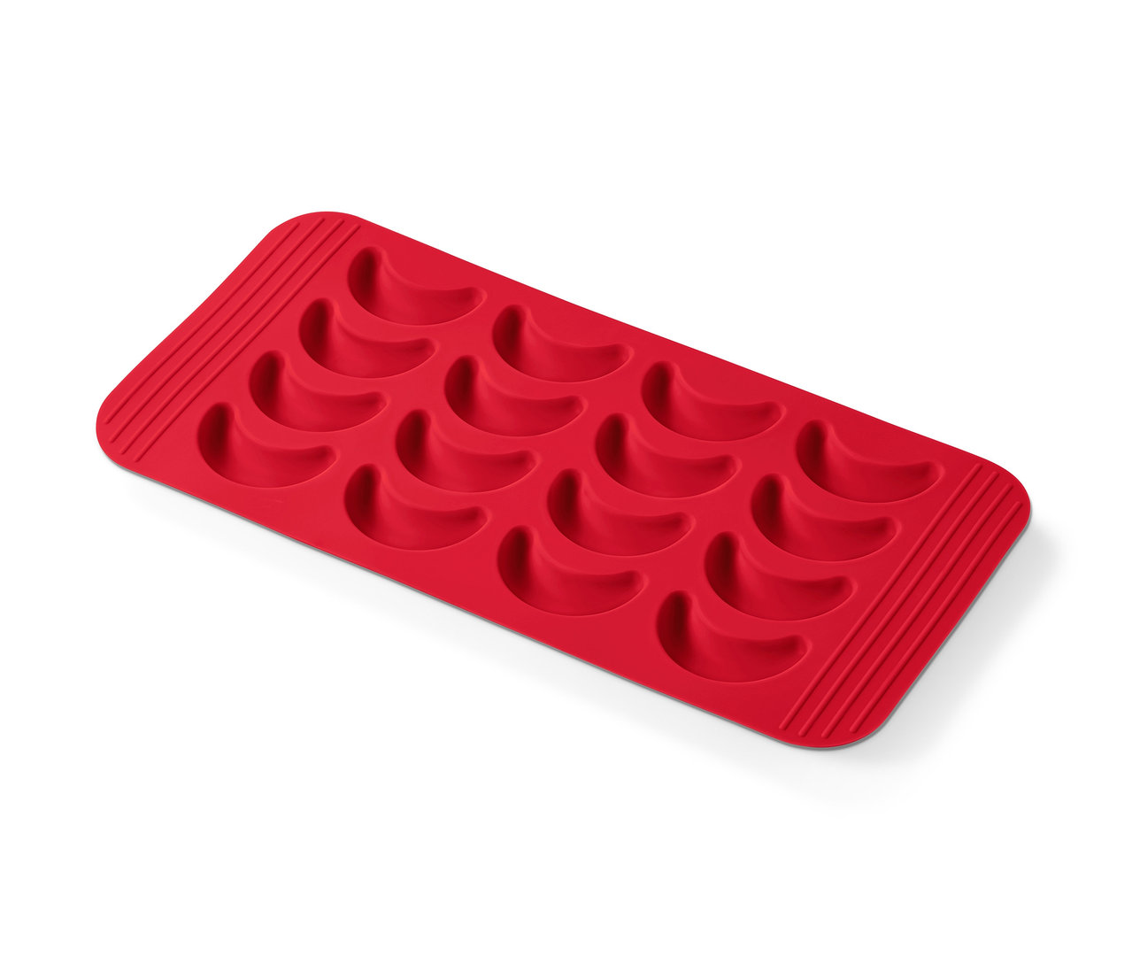 Piros 2 szilikon vaníliás kifli sütőforma szett, mindegyik tizenöt kifli alakú mélyedéssel.