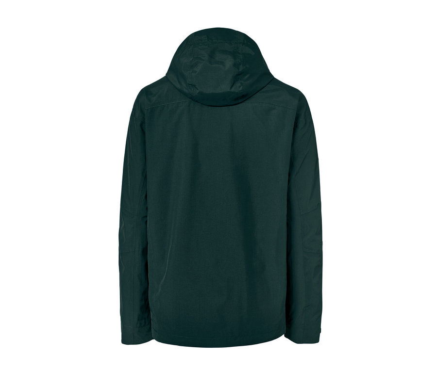 Egy sötétzöld férfi funkcionális túradzseki hátulnézete.