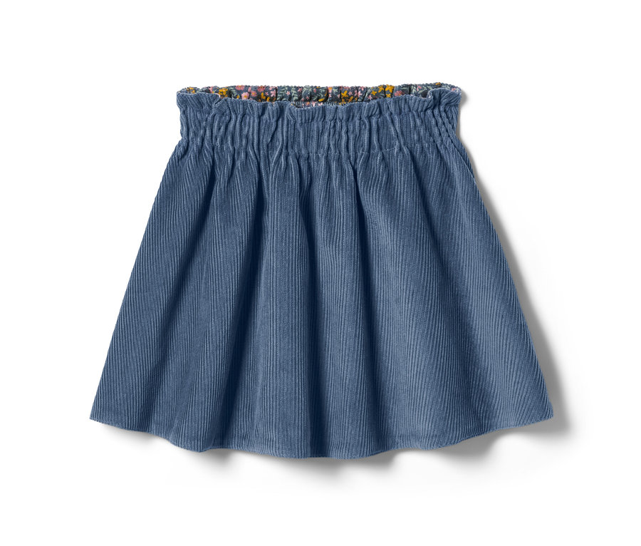 Virágos szegélyű kék kordbársony szoknya.