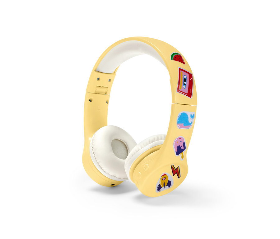 Sárga, vezeték nélküli Bluetooth gyermek fejhallgató matricákkal.