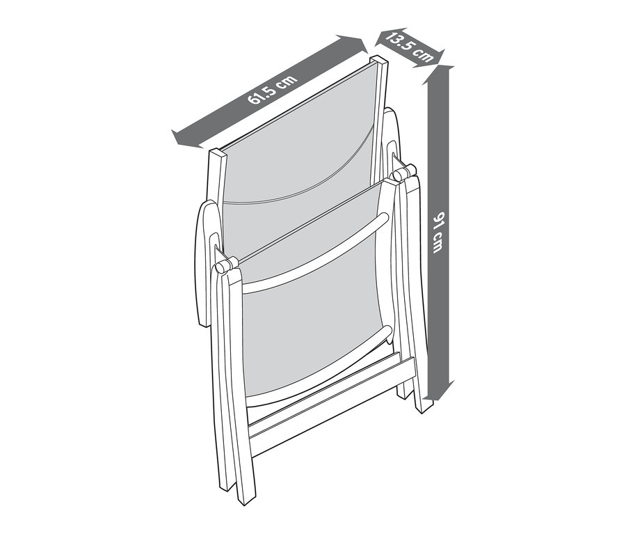 Egy összecsukott, állítható háttámlás kerti szék illusztrációja, méretei: 61,5 x 13,5 x 91 cm.