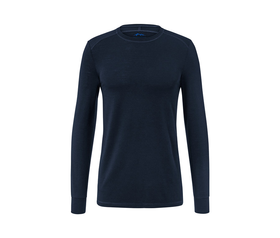 Sötétkék, hosszú ujjú funkcionális felső merinógyapjúval.