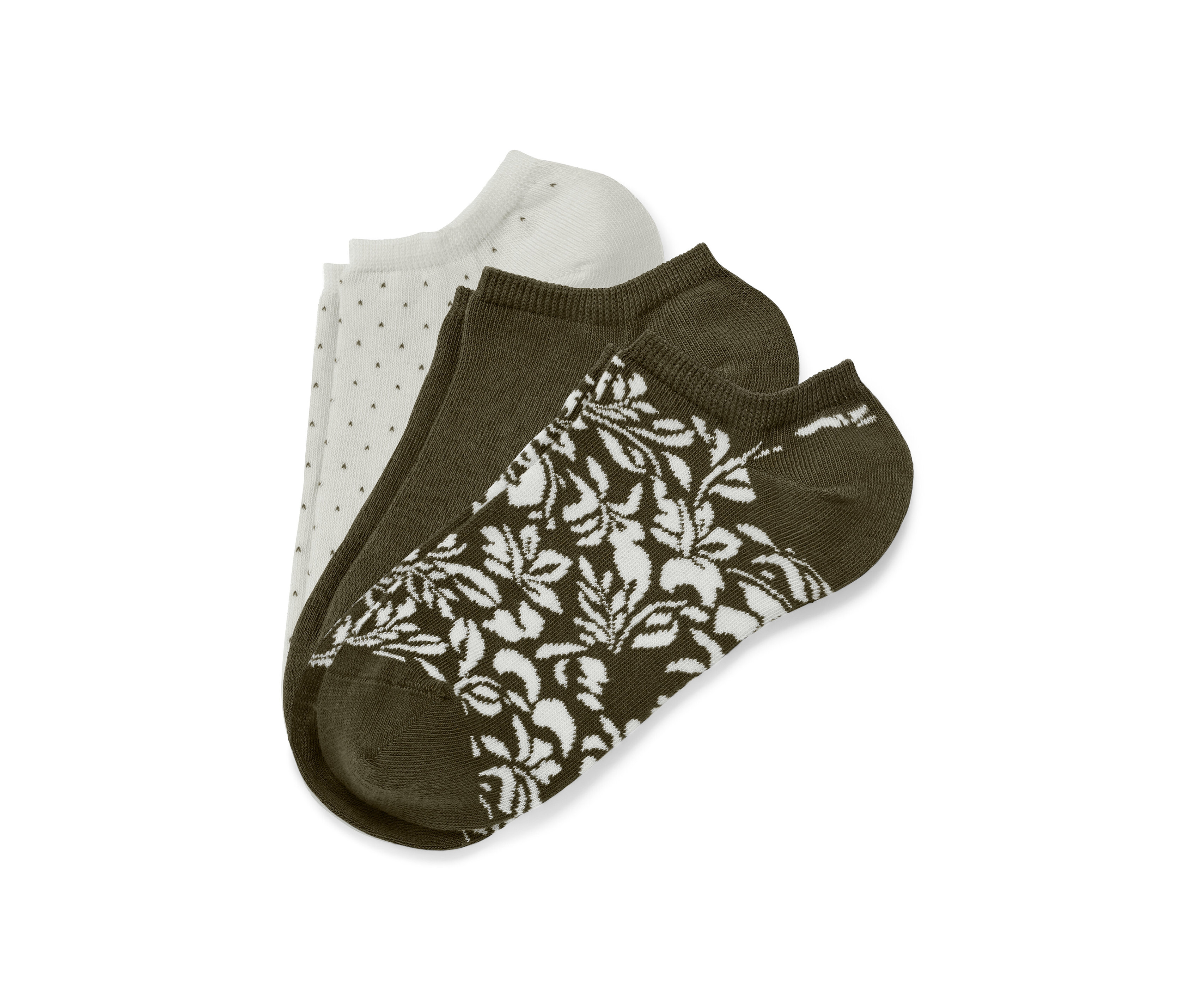 Három pár bokazokni: fehér pöttyös, olívazöld és olívazöld fehér virágmintával.