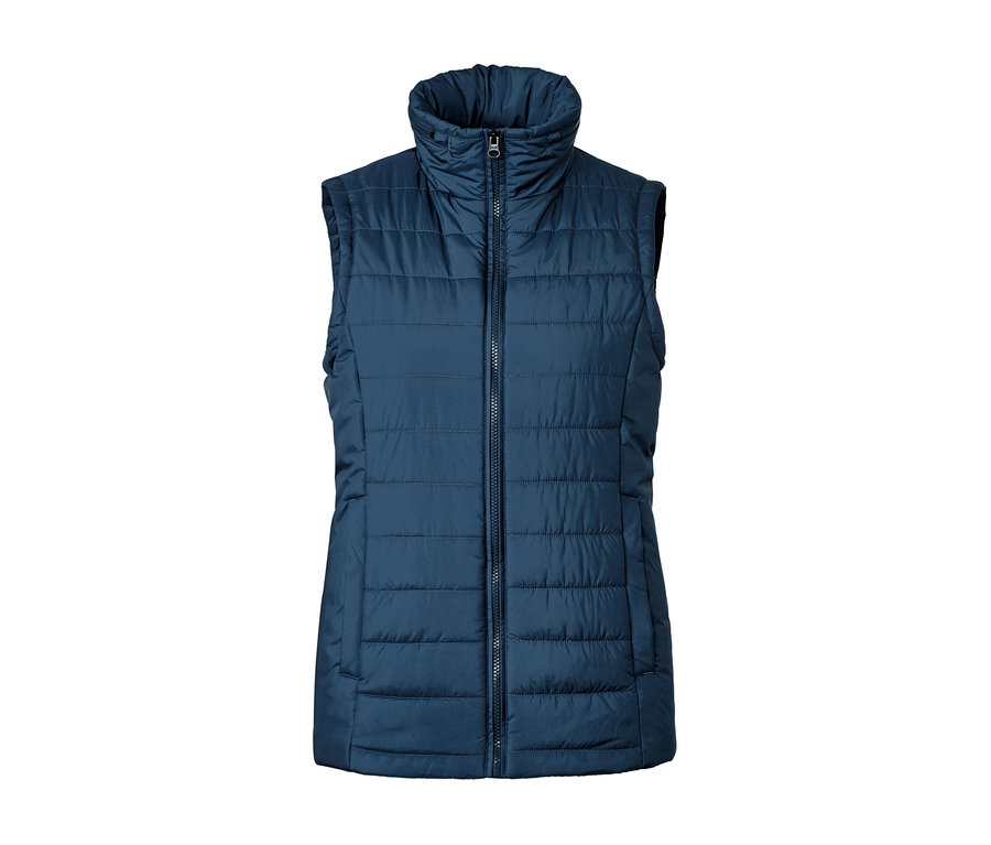 Egy sötétkék, cipzáros, steppelt mellény.