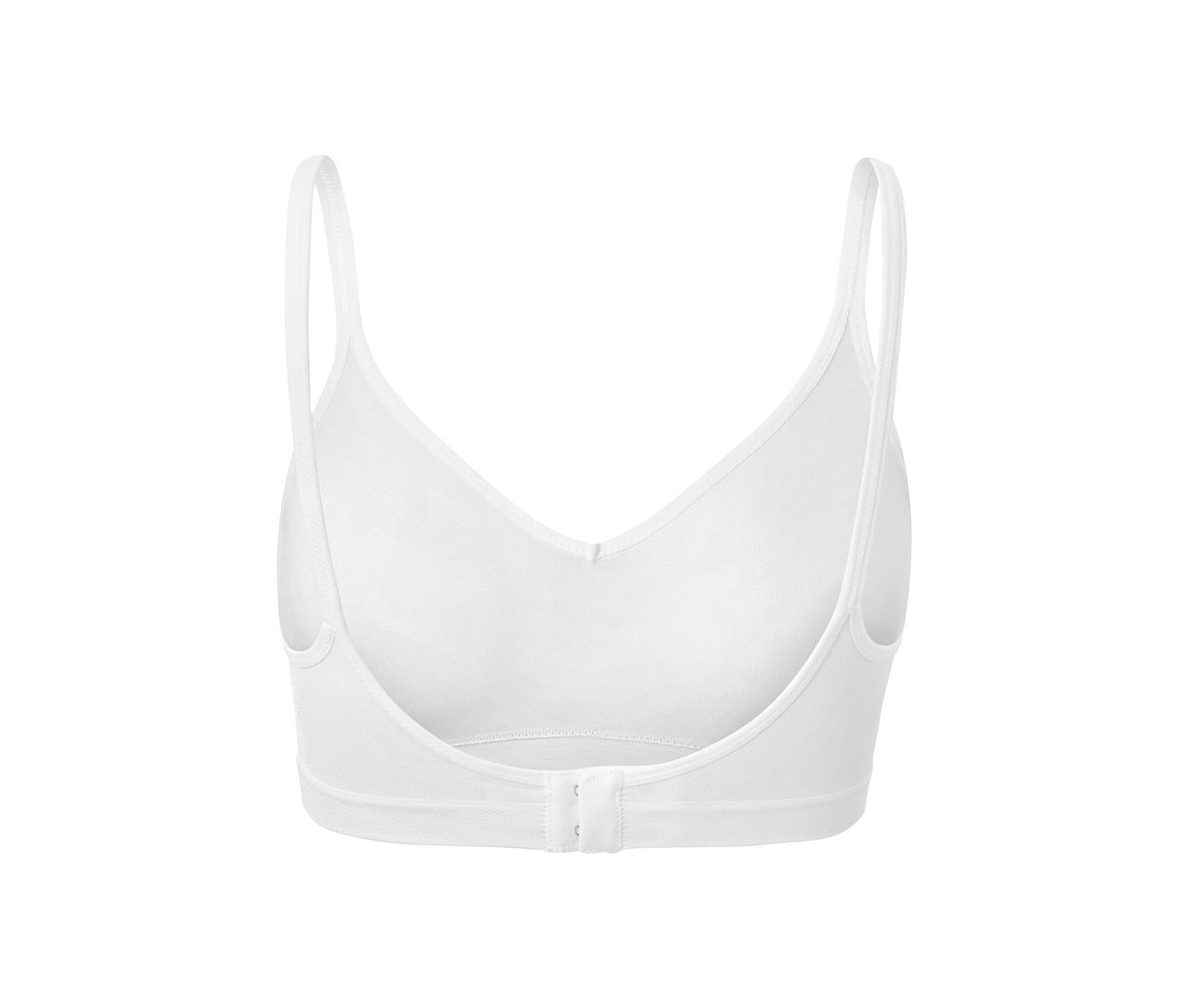 Egy fehér, női seamless puha melltartó részletfotója hátulról.