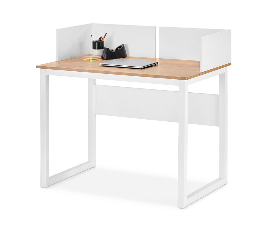 Fehér írókomód oldalsó peremmel, rajta egy laptop, mellette toll, ceruza és ragasztószalag.