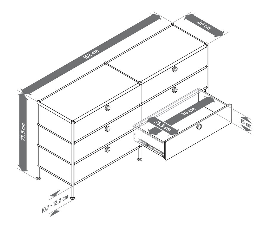 Egy »CN3« fém komód illusztrációja 6 fiókkal, az egyik fiók nyitva van, méretekkel.