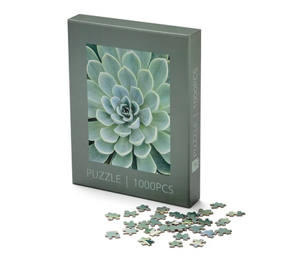 Egy »Sukkulente« puzzle doboza és néhány kirakós darab fekszik egy fehér háttéren.