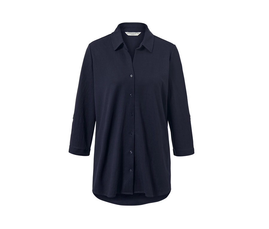 Sötétkék piké jersey blúz gombokkal és háromnegyedes ujjakkal.