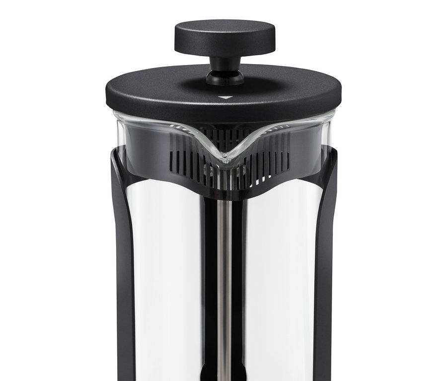 Egy fekete, 300 ml-es, 2 csészés dugattyús kávéfőző részlete.