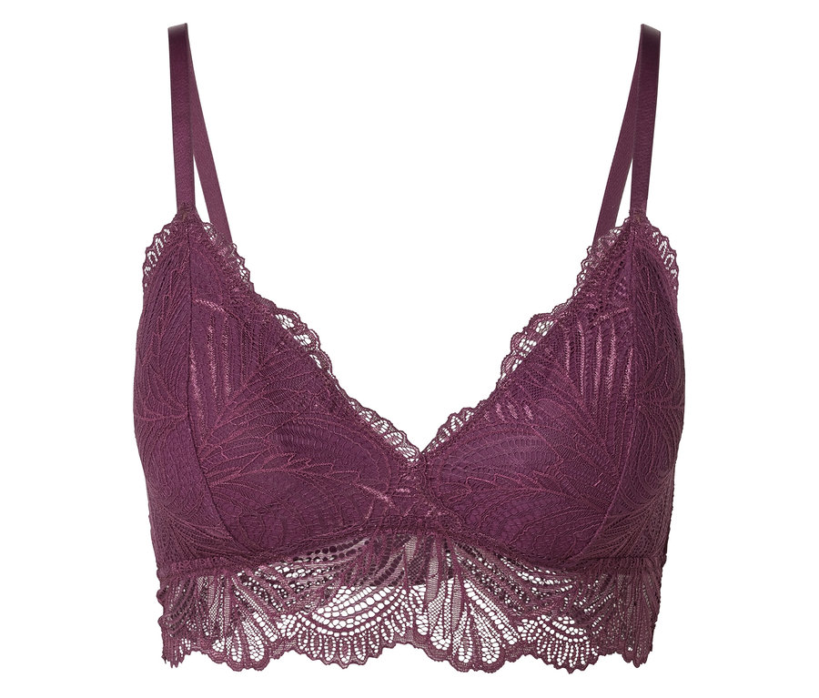 Lila csipkés bralette fehér háttérrel.