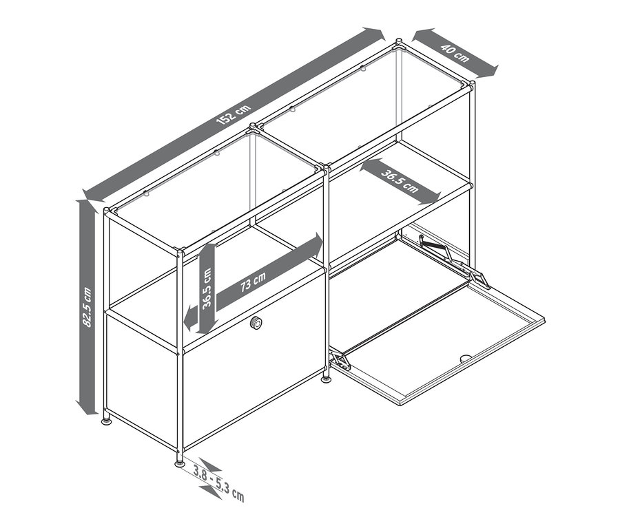 Rajz a szürkésbarna »CN3« fém komódról 2 lenyíló ajtóval és üvegpolcokkal.