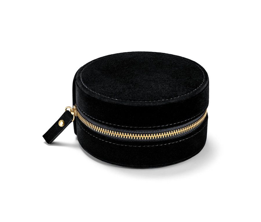 Fekete, kerek ékszertartó doboz, arany cipzárral.