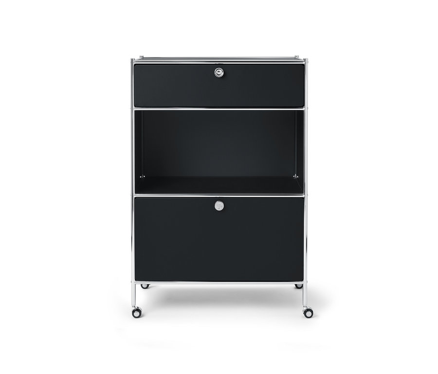 Fekete »CN3« fém komód egy fiókkal, egy lenyíló ajtós rekesszel és ezüst kerettel.