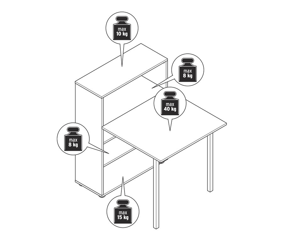 Vázlat egy lehajtható asztallal ellátott polcról, maximális súlykorlátozásokkal.