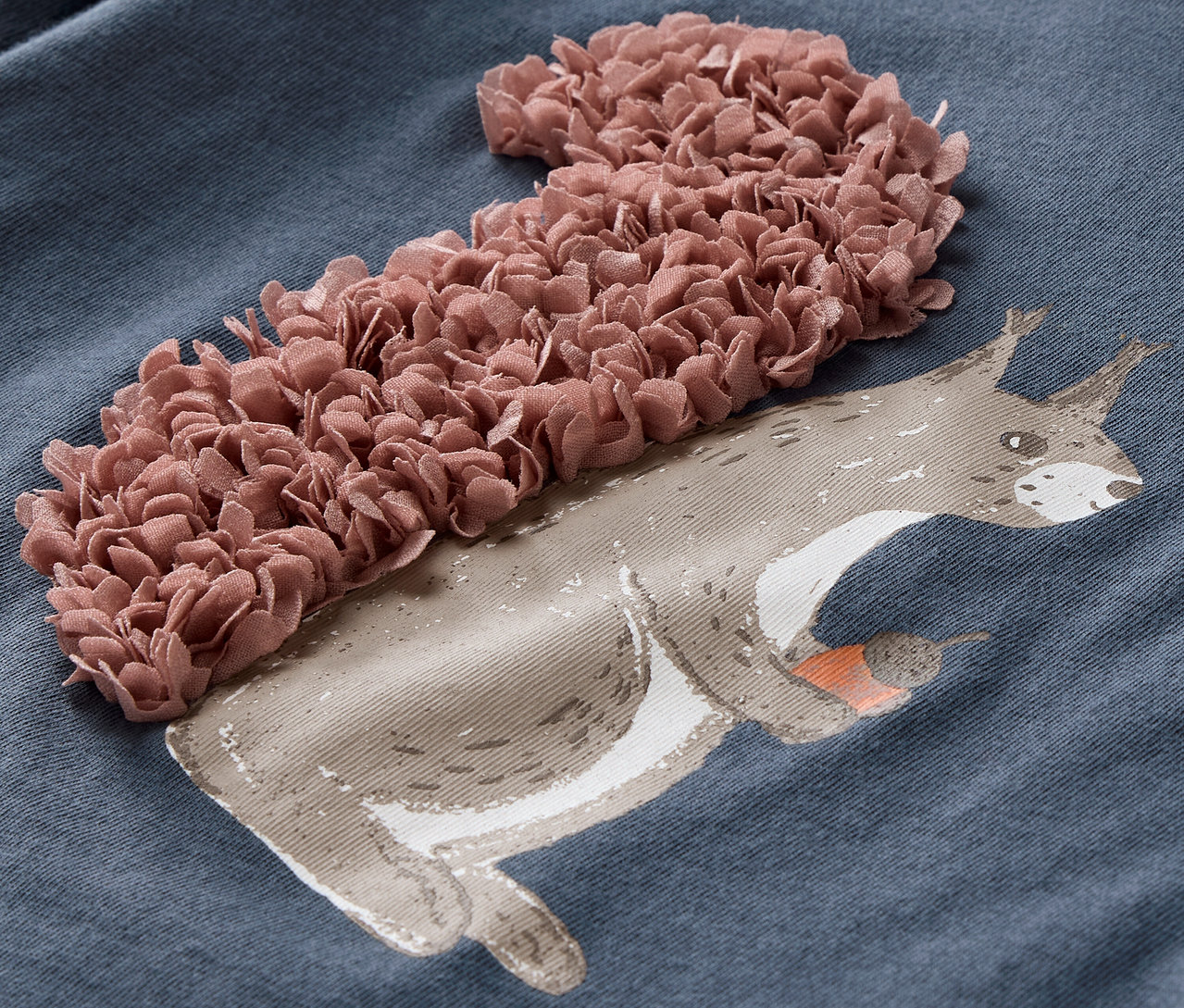 Egy kék hosszú ujjú póló részlete, 3D mókus rátéttel.