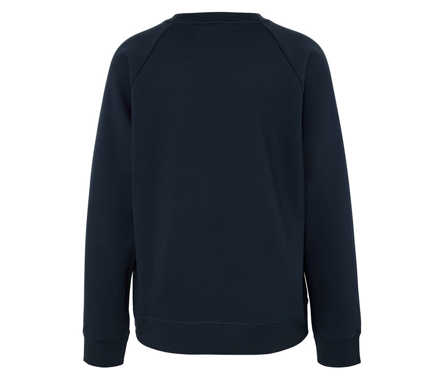 Egy sötétkék, hosszú ujjú pulóver hátulnézete.