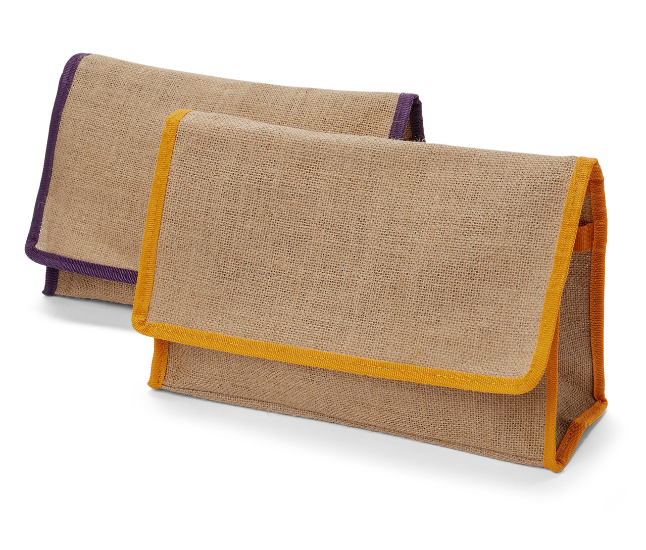 Két durva szövetből készült tárolótáska színes szegéllyel.