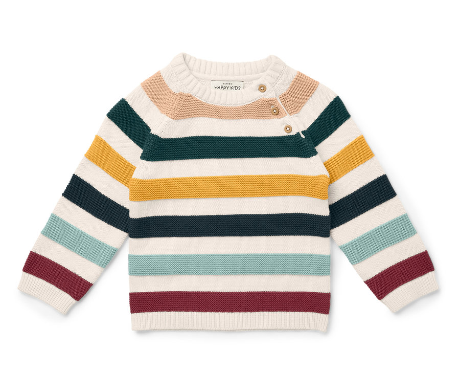 Csíkos, hosszú ujjú pulóver bézs, zöld, sárga, sötétkék, kékeszöld és bordó színekben.