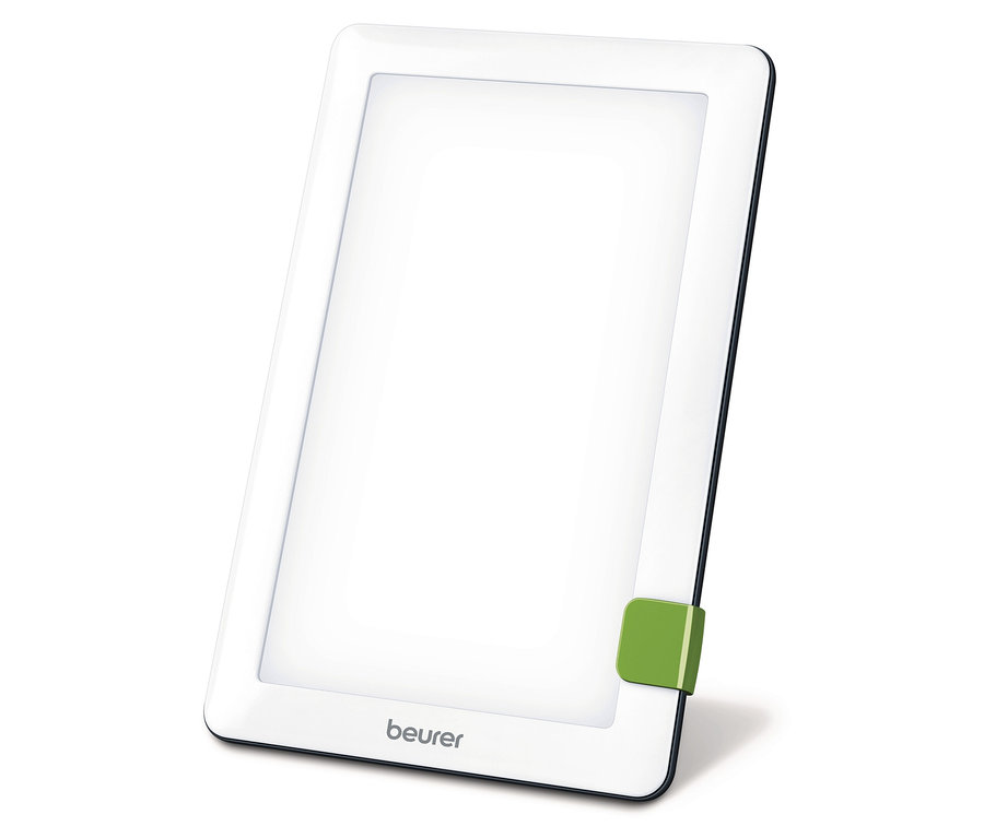 Beurer nappali fény lámpa zöld állvánnyal fehér háttéren.