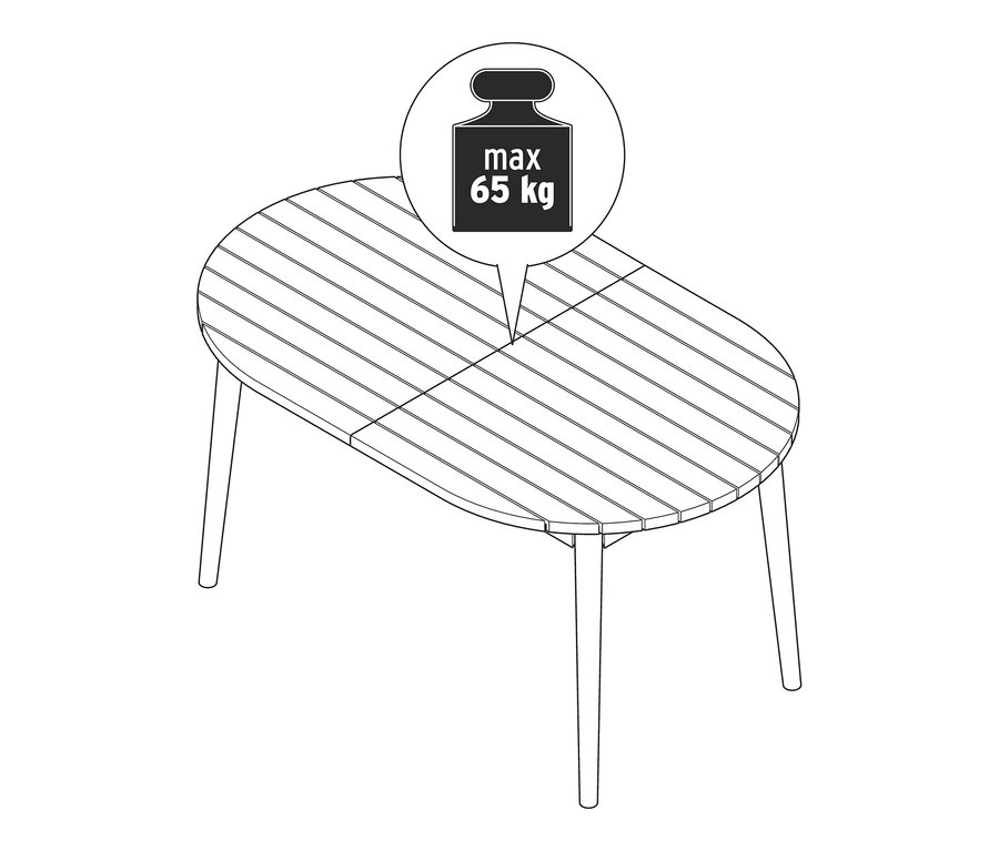 Egy kihúzható ovális asztal rajza, maximum 65 kg teherbírással.