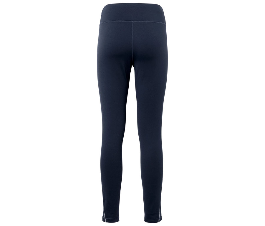 Sötétkék, magas derekú leggings hátulnézetből.