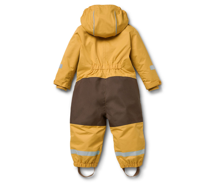 Sárga-barna overall kapucnival, hátulnézet.