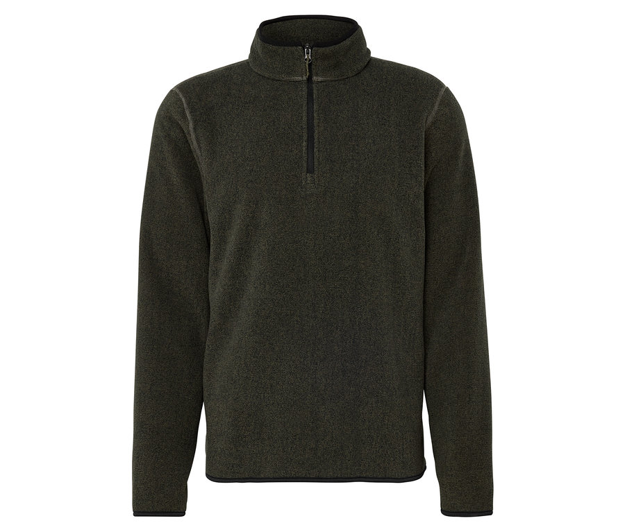 Egy sötétzöld, rövid cipzáras fleece pulóver.
