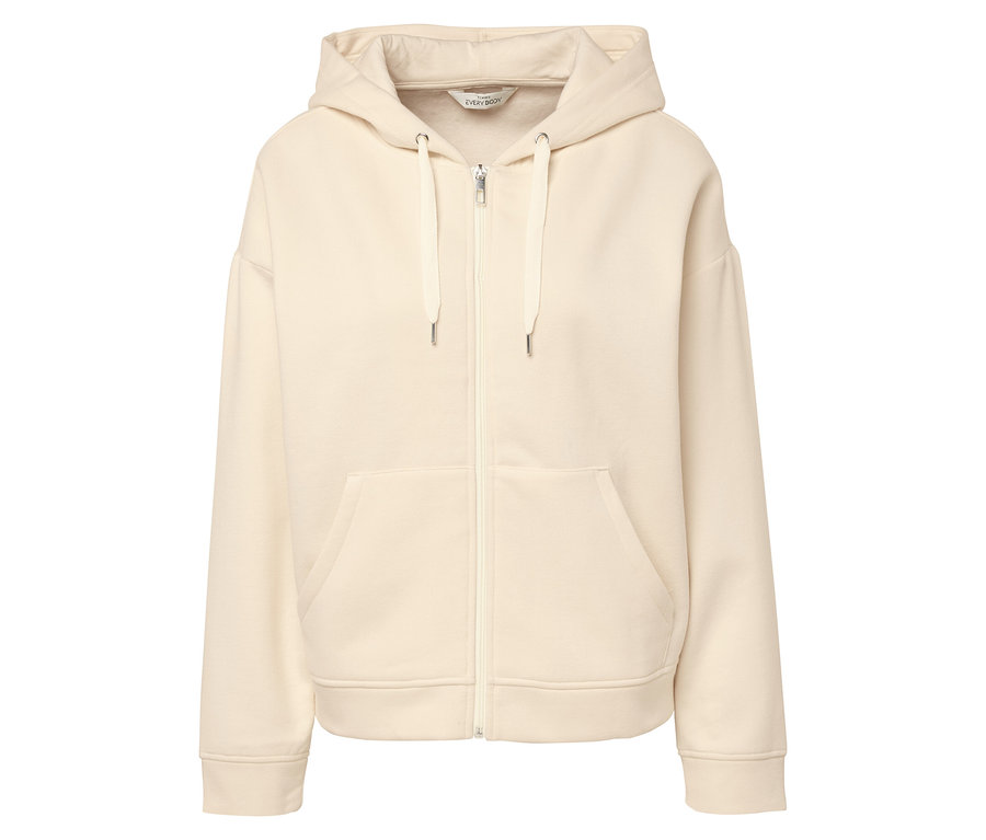 Krémszínű, cipzáros kapucnis pulóver.