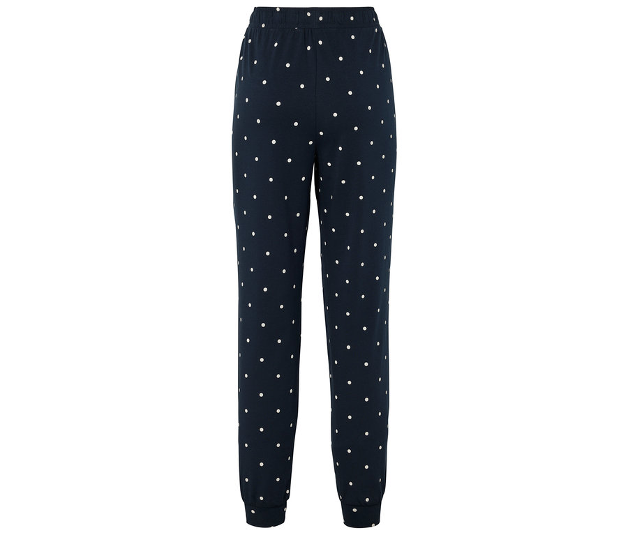 Sötétkék alapon fehér pöttyös szabadidő nadrág.