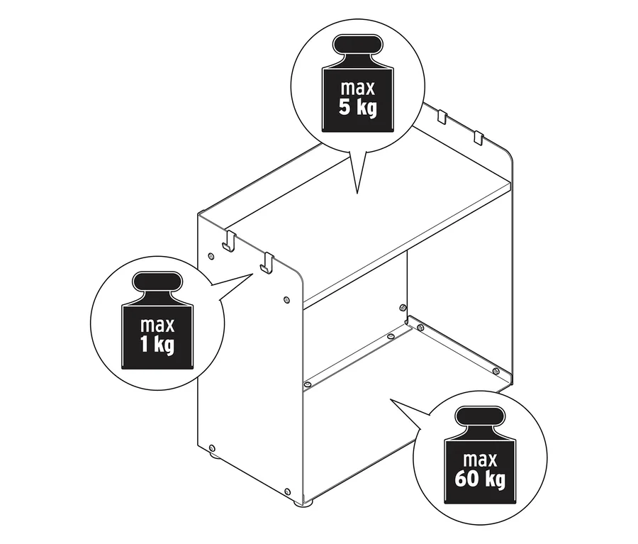 Egy széles tűzifatartó vázlata tárolófelülettel és 1 kg, 5 kg és 60 kg maximális teherbírással.