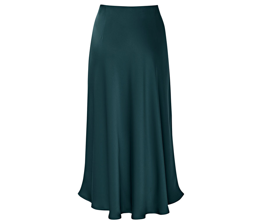 Egy hosszú, lefolyó, smaragdzöld szoknya látható a képen.