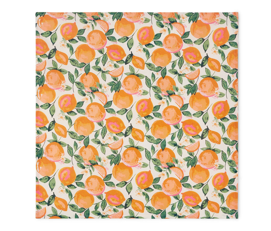 Narancssárga, citrus mintás, letörölhető asztalterítő, kb. 90 x 90 cm.